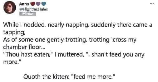 What is probably a Twitter post by Anna 💖💜💙 @FlightlessTales. It says: While I nodded, nearly napping, suddenly there came a tapping, As of some one gently trotting, trotting 'cross my chamber floor… "Thou hast eaten," I muttered, "I shan't feed you any more." Quoth the kitten: "feed me more."