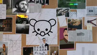 L'immagine mostra un pannello di gomma ricoperto di vari elementi, tipico di un'indagine investigativa. Al centro, c'è un disegno di un topo con occhiali, simbolo noto di Anonymous. Intorno al disegno, sono attaccate diverse fotografie e documenti, tra cui un ritratto di un uomo con barba, immagini di scene di fuoco, mappe, un telefono cellulare, un'immagine di un uomo con baffi, e un articolo di giornale. Le fotografie e i documenti sono collegati da fili rossi, suggerendo una connessione tra i vari elementi. In alto a destra, c'è un sito web con il nome "Lenny". L'immagine suggerisce un'indagine complessa e dettagliata, con diverse linee di indagine.

